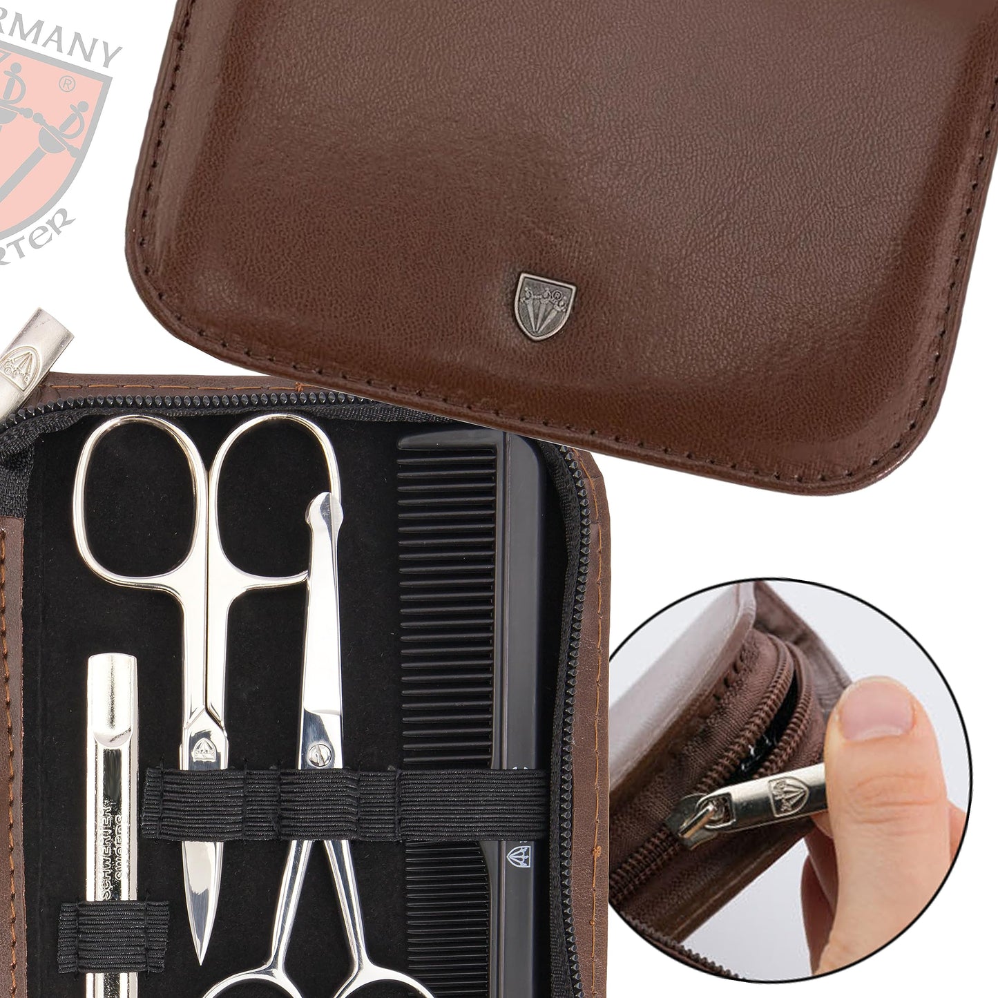 3 Swords Germany - brand quality 10 piece manicure pedicure grooming kit set for professional finger & toe nail care scissors clipper fashion leather case in gift box, Made by 3 Swords (1474)