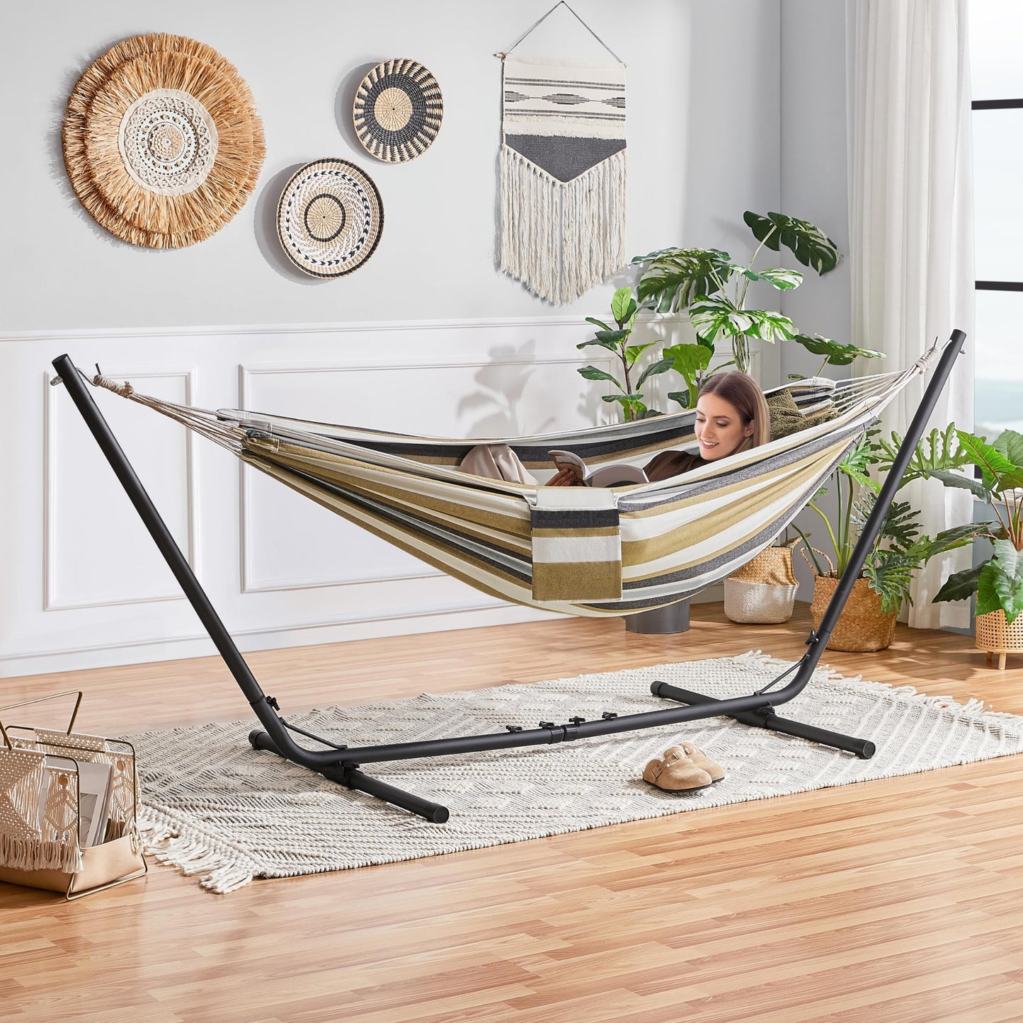 - Yaheetech Hammock with Stand Set, 2-seater Cotton Hammock with Adjustable Metal Frame.