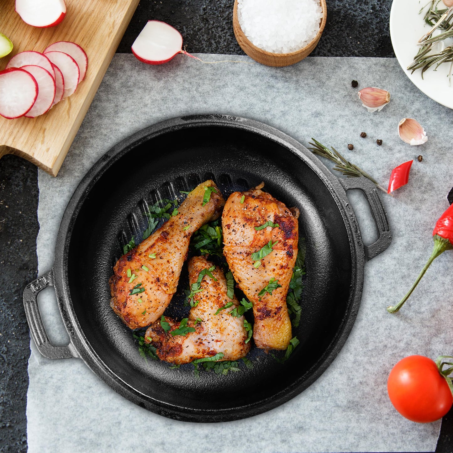 - KICHLY 4.7L/5.0 Quart Pre Seasoned Cast Iron Pan | Dutch Oven with Lid | Dual Function Cast Iron Griddle Pan -