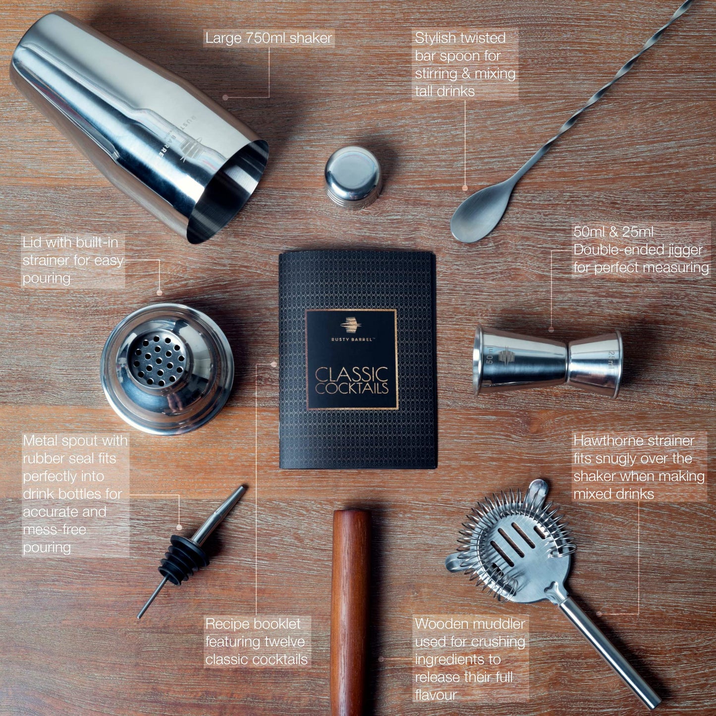 - Rusty Barrel Mayfair Original Cocktail Shaker Set | Complete Cocktail Making Set -