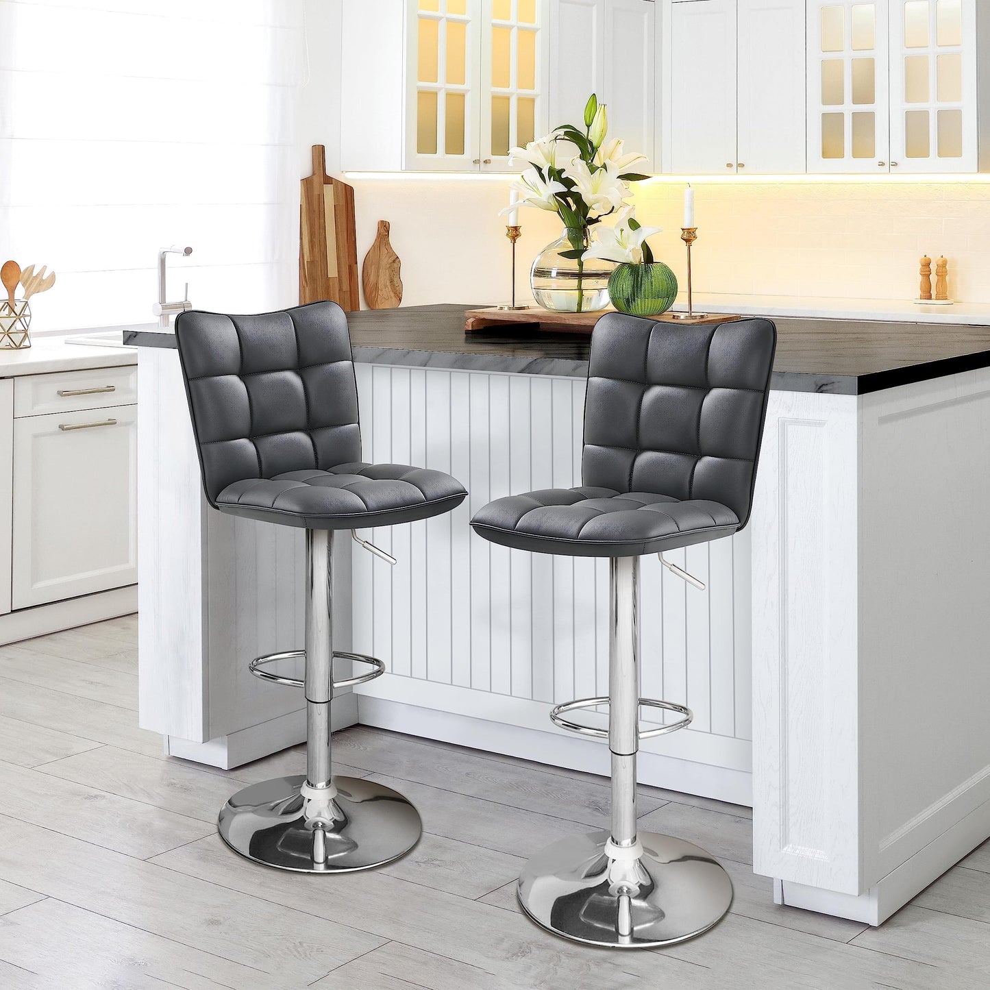 - Yaheetech Modern Bar Stools Set of 2 PU Leather Height Adjustable Swivel Bar Chair.