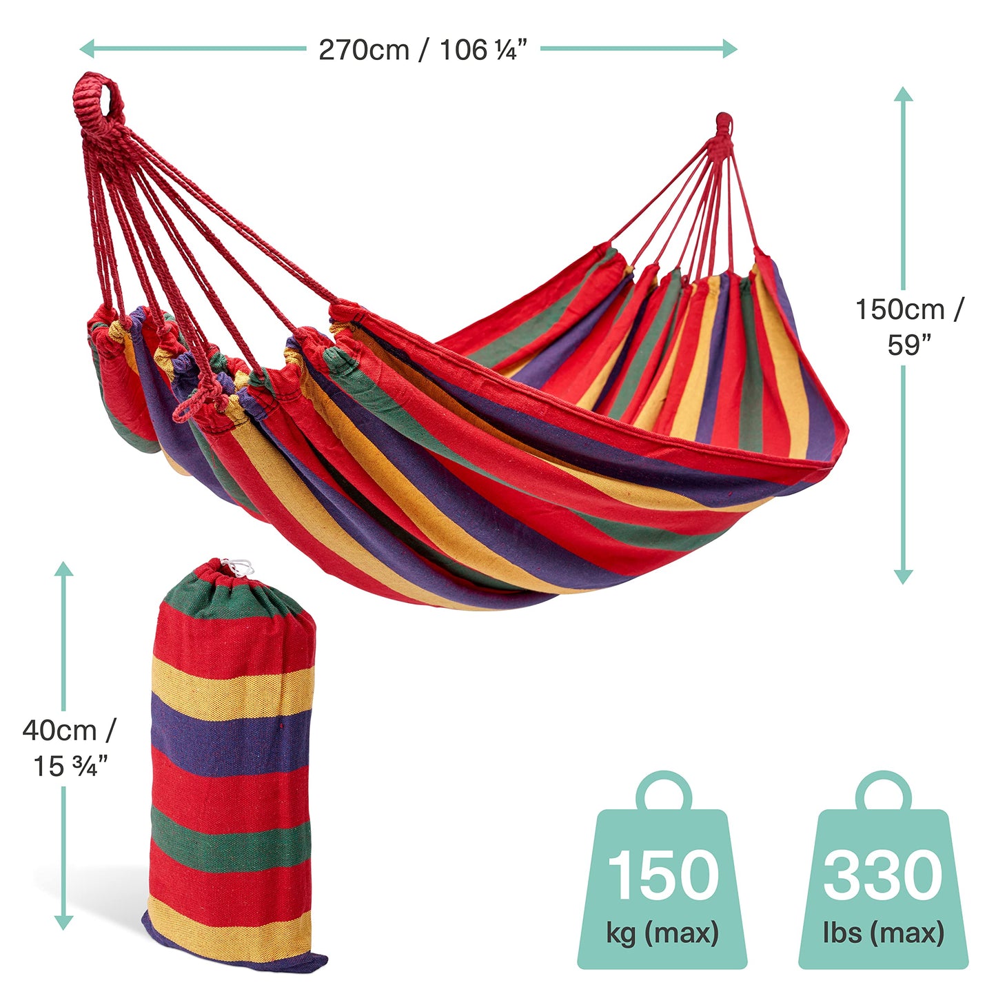 Bramble - Large Camping Hammock Garden Swing, Hammock Double Outdoor/Indoor with Carry Bag & Tree Ropes - 270x150cm, 150kg Weight Capacity Garden Hammock