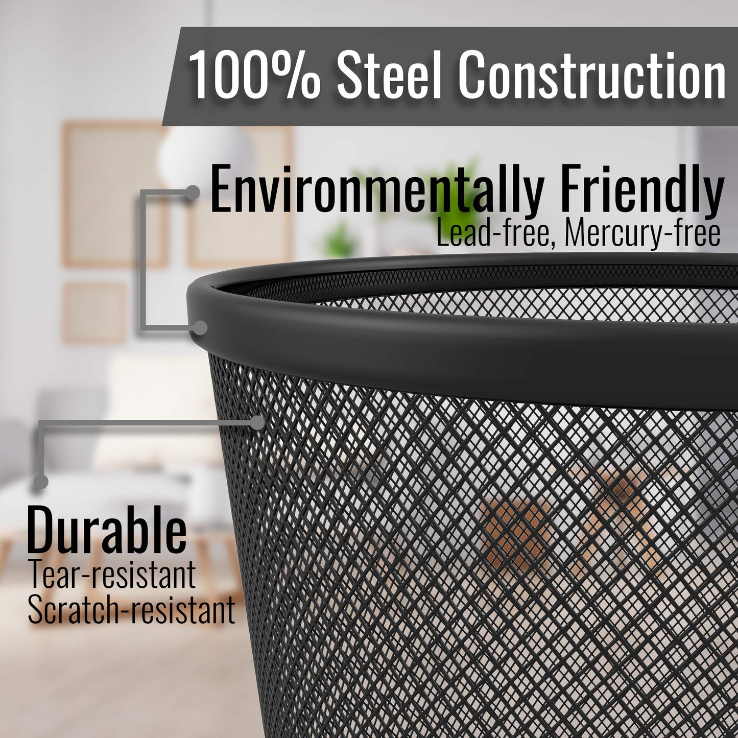 Circular Mesh Waste Paper Bin, Lightweight Waste Basket Garbage Can, Metal Trash Bin Ideal for Kitchen Home Office Dorm Room Living Room Desk Bedroom (Black)