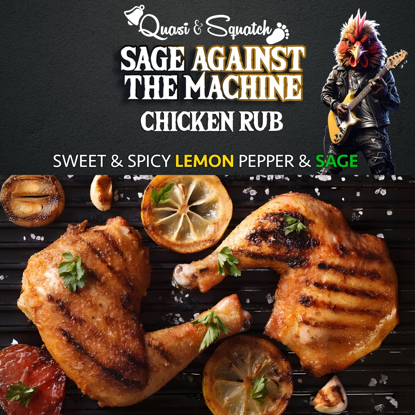 BBQ Rub for Chicken by Quasi & Squatch - Sage Against The Machine - Chicken Rub (Smokey Lemon Pepper & Sage) Smoked Chicken & Wings Rub Seasoning | Dry Spice for Professional BBQ & Grill | Large 220g