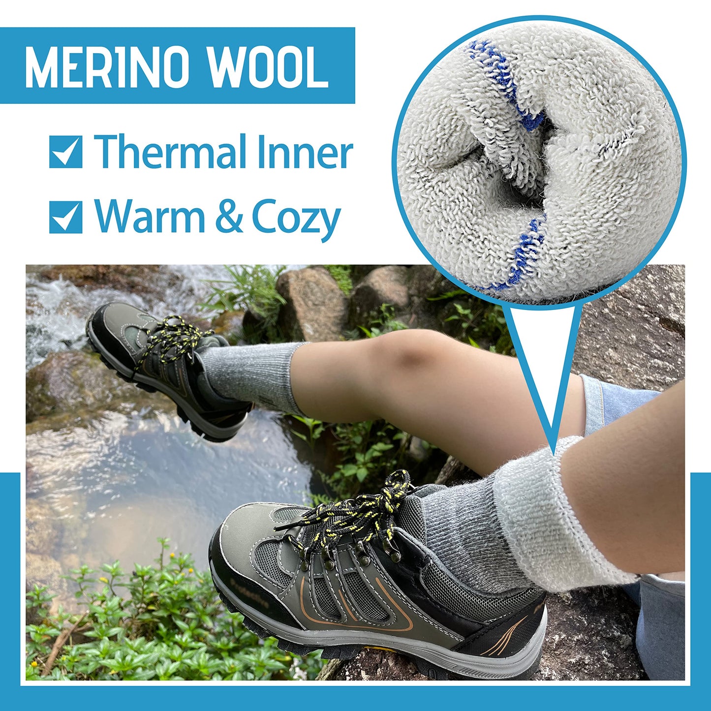 Anlisim Kids Merino Wool Hiking Socks Boys Girls Thermal Winter Warm Boot Thick Snowboarding Socks 4 Pairs for Teen Gifts Stocking Fillers(Assorted,8-12 Years)