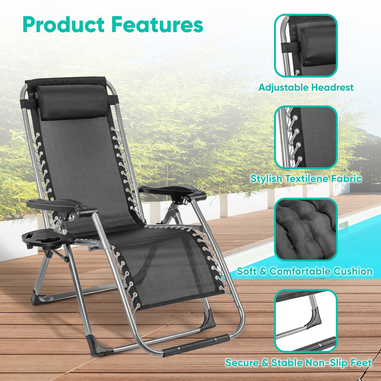 - Heavy Duty Outdoor Deluxe Reclining Zero Gravity Chair | Garden Recliner Sunloungers with Cup Holder & Cushion -