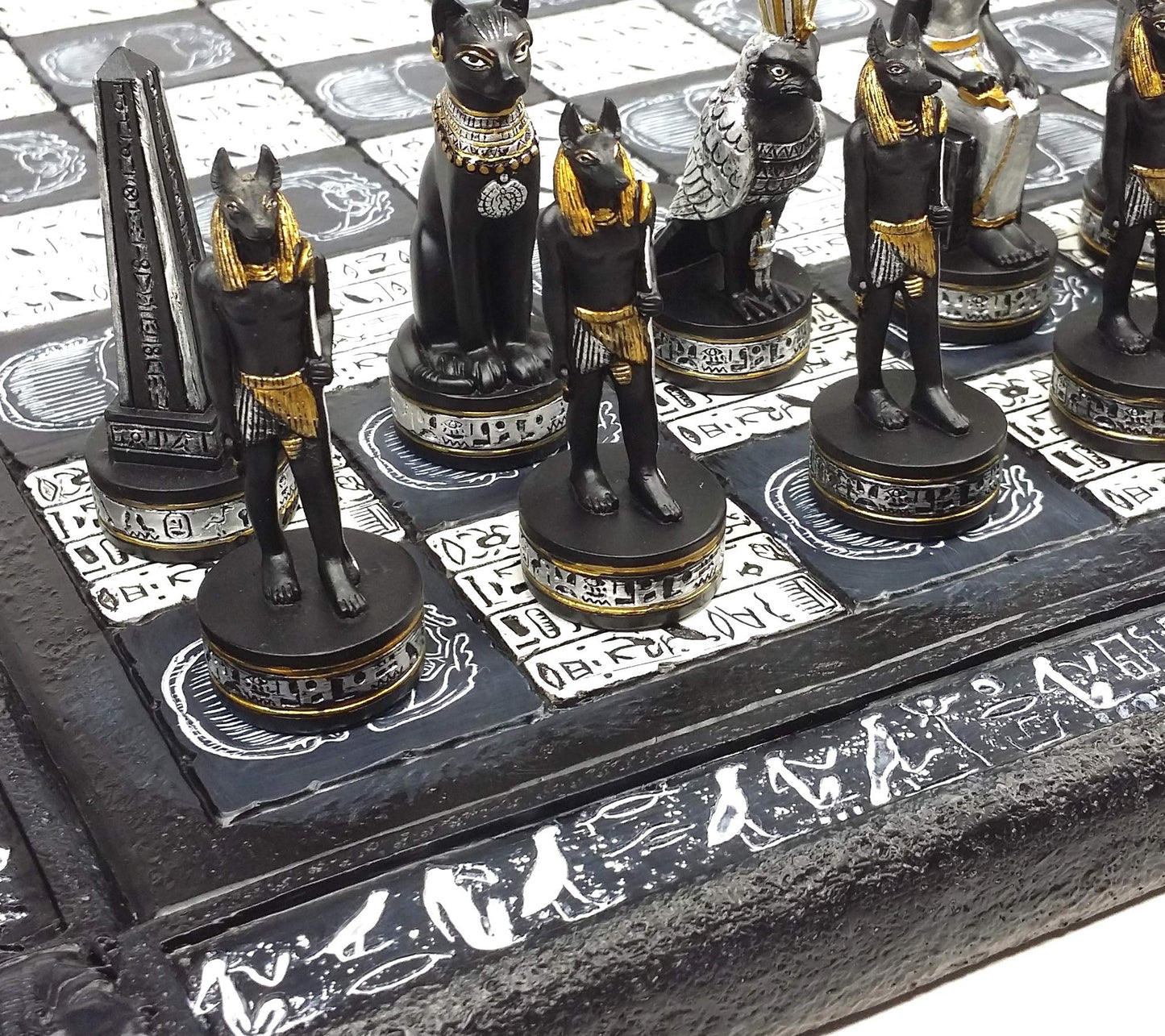 - HPL Egyptian Anubis Chess Set Black Silver and Gold Men | 16" Hieroglyphic Board -