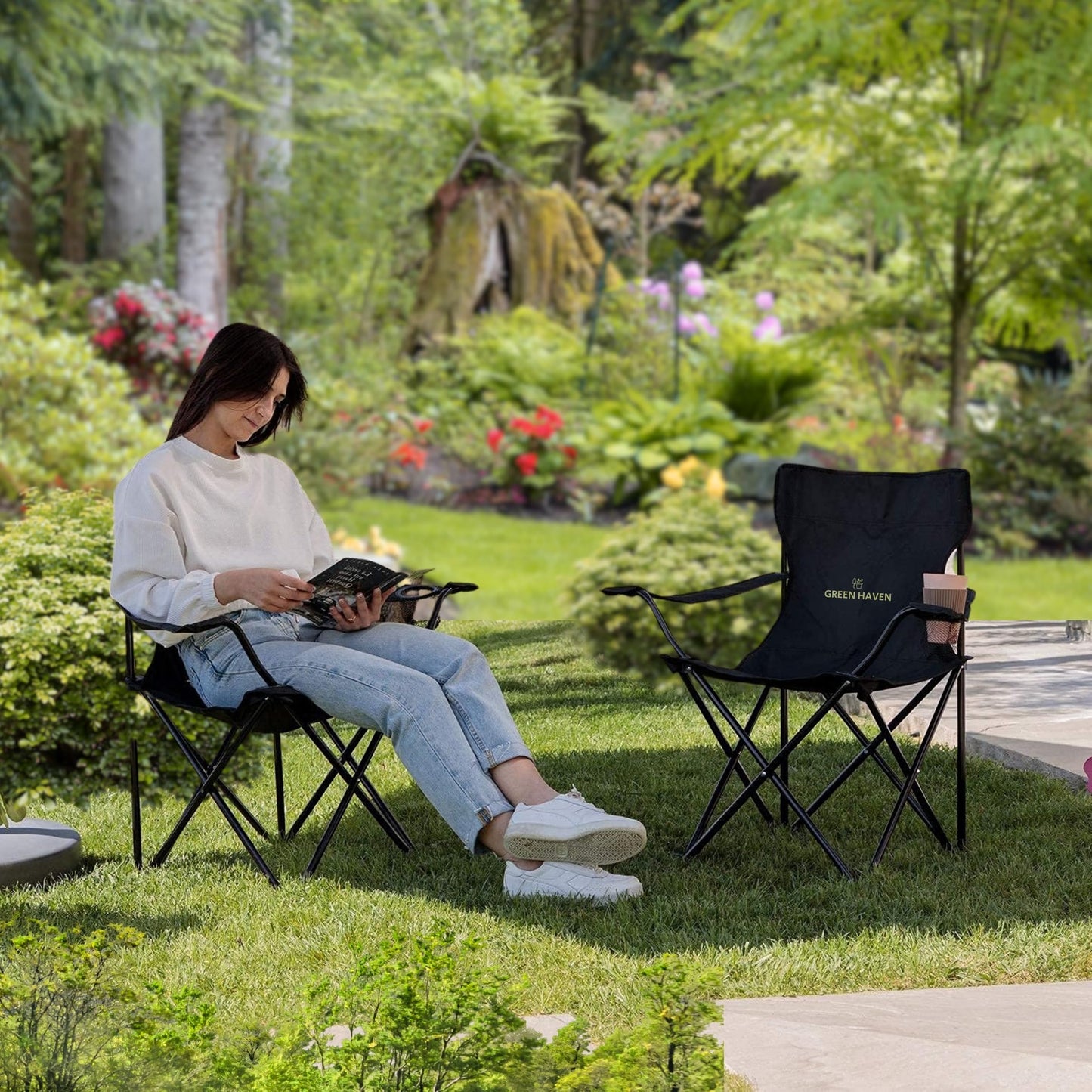- Green Haven Camping Folding Chair | Black Lightweight Chair | 600D Polyester & Rip Stop | Heavy Duty Steel Frame Arm Chair with Cup Holder | Portable Chair for Outdoor & Camping -