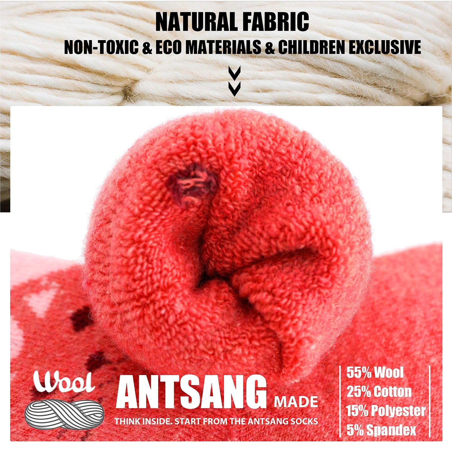 ANTSANG Kids Merino Wool Walking Socks for Toddlers Boys Girls Winter Hiking Thick Warm Heavy Thermal Cosy Crew Boot Cabin Gift Socks 6 Pairs(Little Cat,4-7 Y)