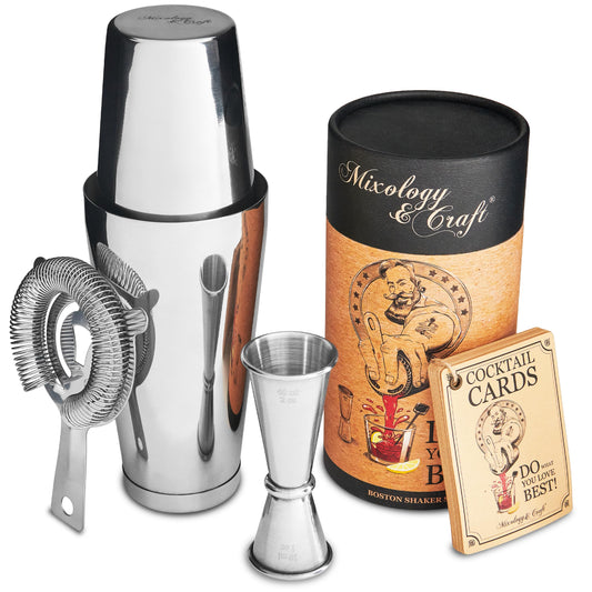 Cocktail Shaker Boston Shaker Set: Professional Weighted Martini Shakers, Cocktail Strainer and Japanese Jigger | Portable Bar Shaker Set for Drink Mixer Bartending | Exclusive Recipes Cards (Silver)