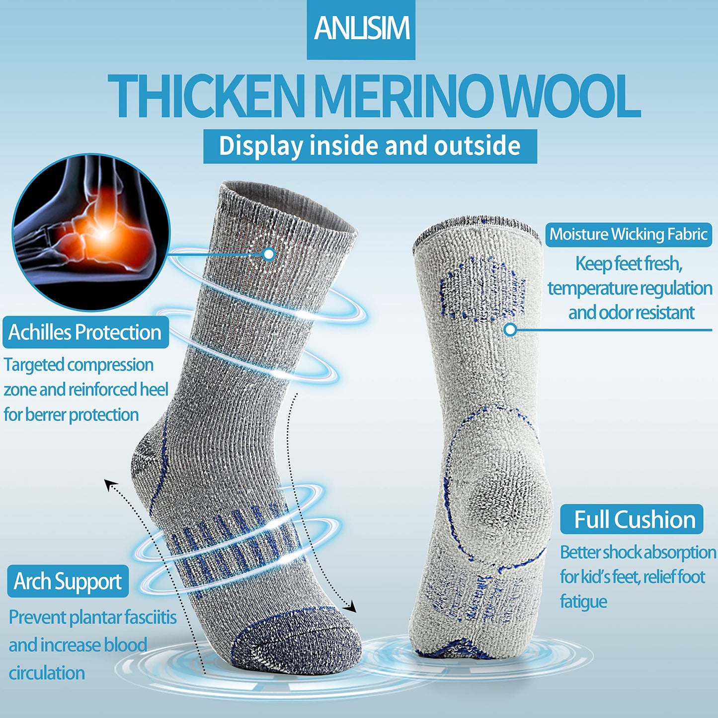 Anlisim Kids Merino Wool Hiking Socks Boys Girls Thermal Winter Warm Boot Thick Snowboarding Socks 4 Pairs for Teen Gifts Stocking Fillers(Assorted,8-12 Years)