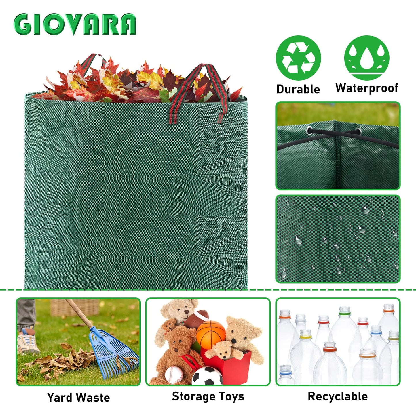 2 x 500L Garden Waste Bags,Waterproof Heavy Duty Large Refuse Sacks with Handles,Foldable and Reusable
