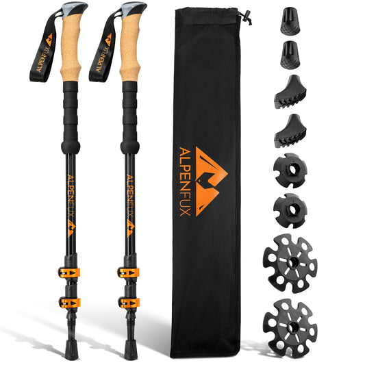 ALPENFUX® Premium Telescopic Hiking Poles, Trekking Poles, Nordic Walking Poles, Lightweight and Adjustable with Cork Handle for Men and Women, Black, Orange