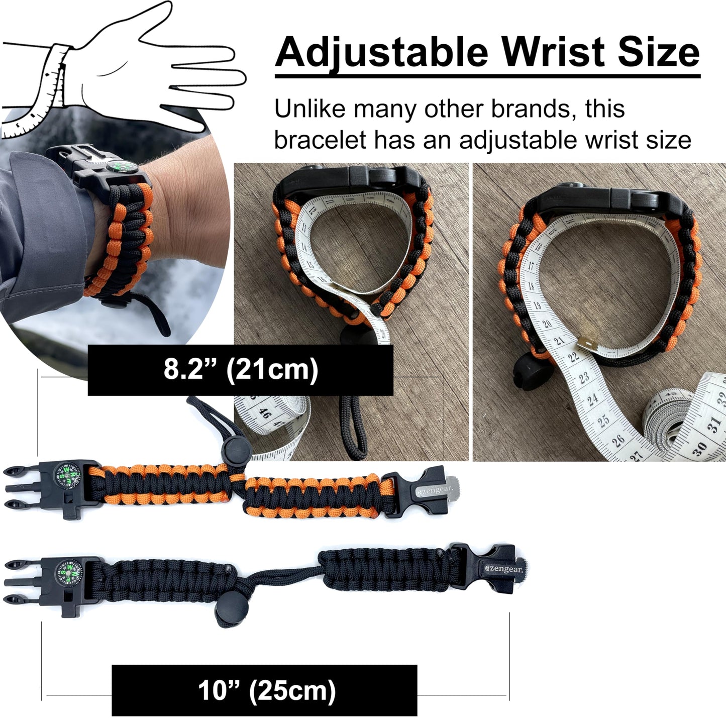 aZengear Paracord Survival Bracelet (2 Pack) | Flint Steel Fire Starter, Compass, Whistle,Hiking Accessories, Wild Camping Equipment Kit, Bushcraft, Emergency (Black and Orange)