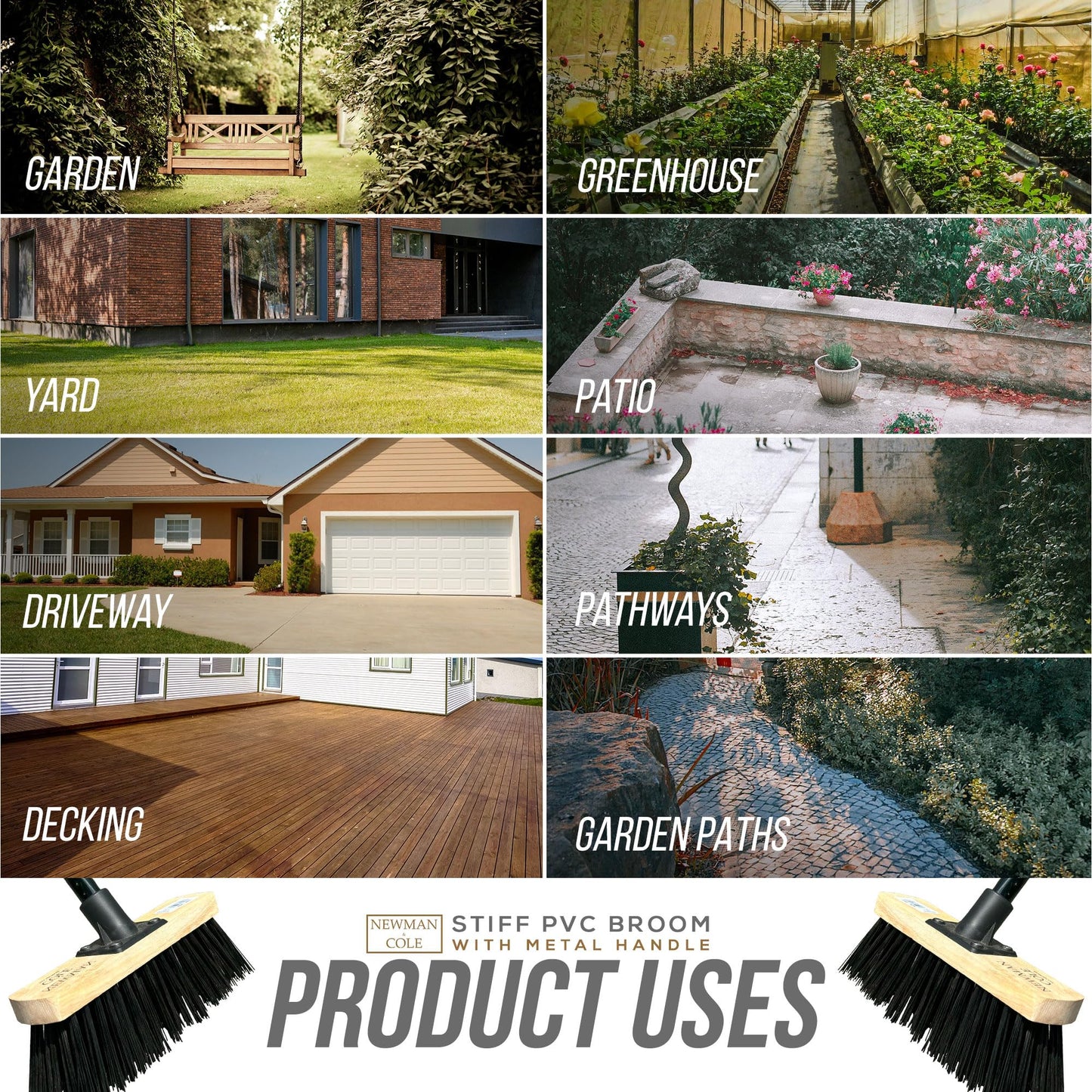 10” Stiff Broom Outdoor Garden Broom Heavy Duty with Metal Broom Handle Stiff PVC Hard Bristle Yard Brush Factory Warehouse Floors Commercial and Industrial Broom Strong PVC Brush