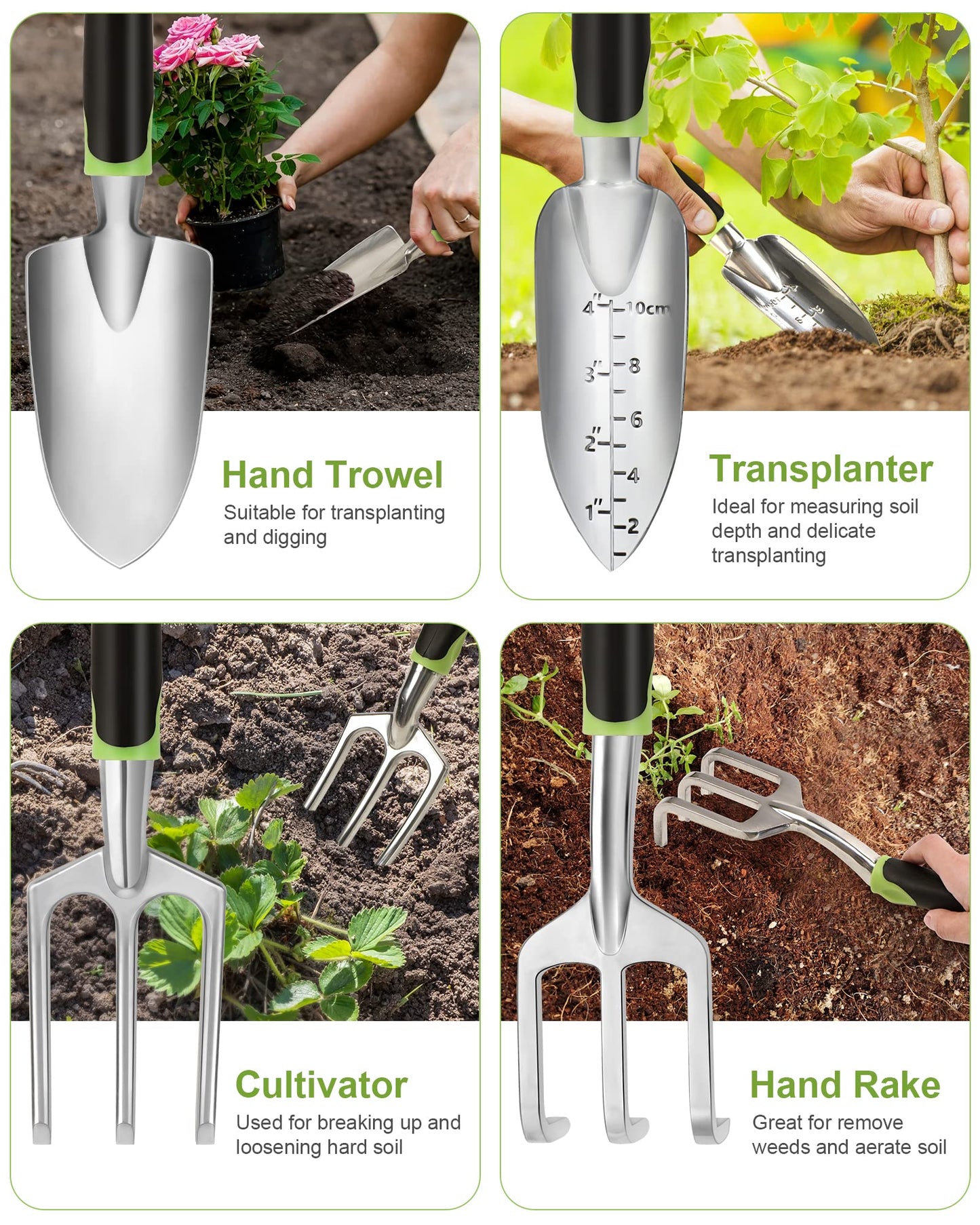 Bokhot Garden Tools Set Gardening Hand Tool Gift Kit with Heavy Duty Tool Bag for Easy Storage, Gardening Gifts for Outdoor Women & Men, Green (PG023)