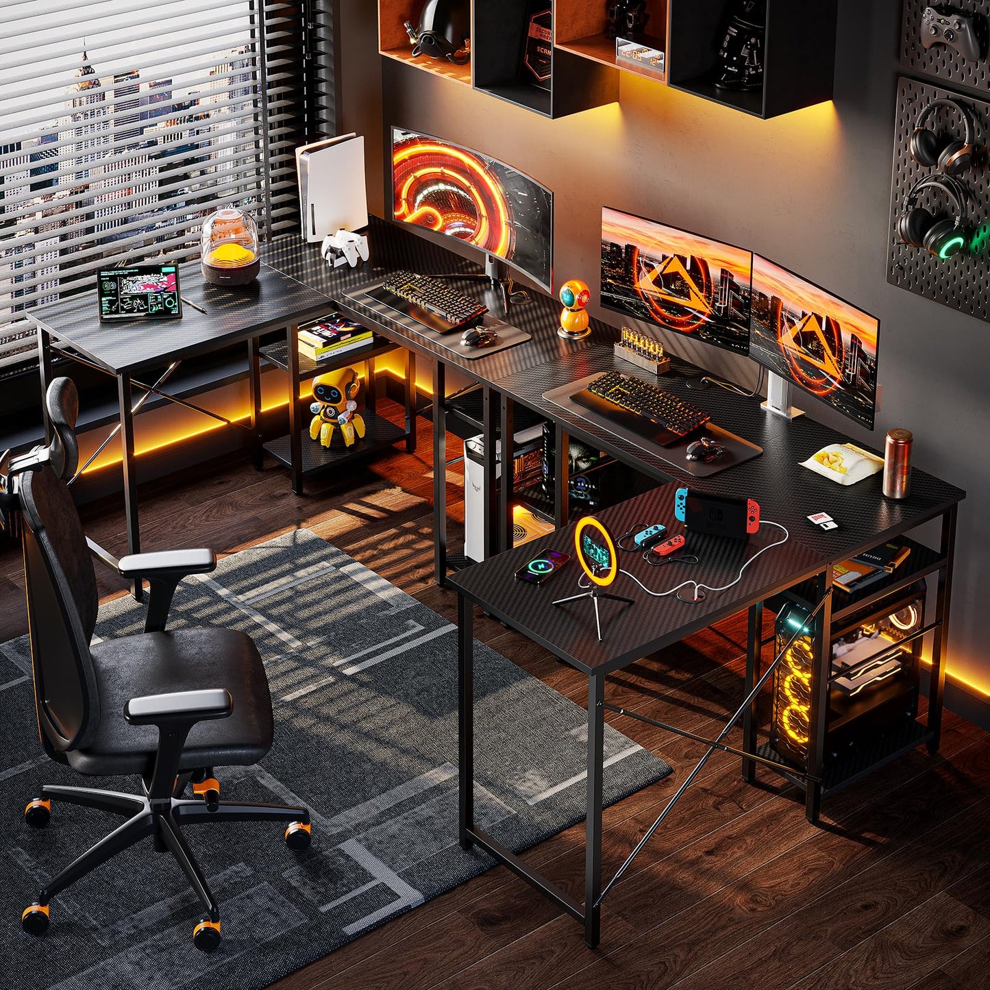 Bestier 192CM Reversible L Shaped Desk with Shelves 120CM Industrial Corner Desk Long Stable Computer Workstation with 2 Cable Holes