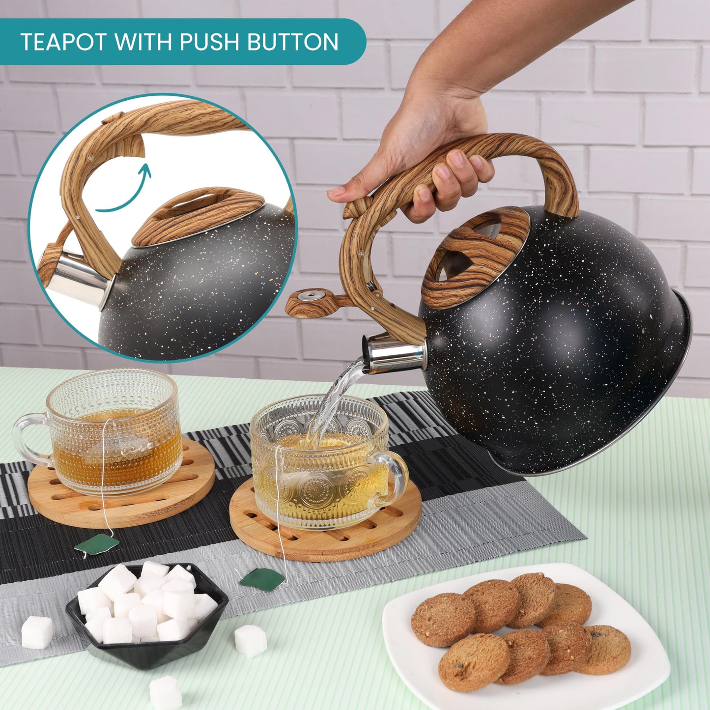 Belle Vous Black Texture Whistling Tea Kettle - 3L Tea Pot for Stovetop/Induction Hob - Stainless Steel Hot Water Camping Kettle Teapot for Tea/Coffee