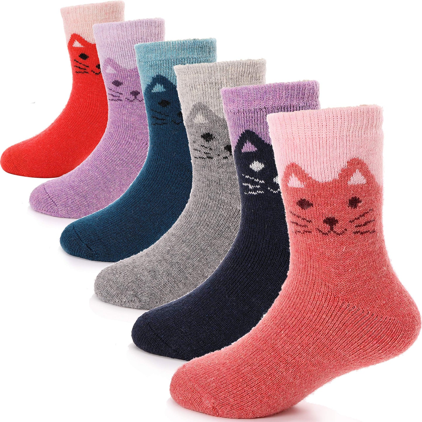 ANTSANG Kids Merino Wool Walking Socks for Toddlers Boys Girls Winter Hiking Thick Warm Heavy Thermal Cosy Crew Boot Cabin Gift Socks 6 Pairs(Little Cat,4-7 Y)