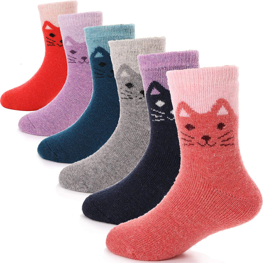 ANTSANG Kids Merino Wool Walking Socks for Toddlers Boys Girls Winter Hiking Thick Warm Heavy Thermal Cosy Crew Boot Cabin Gift Socks 6 Pairs(Little Cat,4-7 Y)