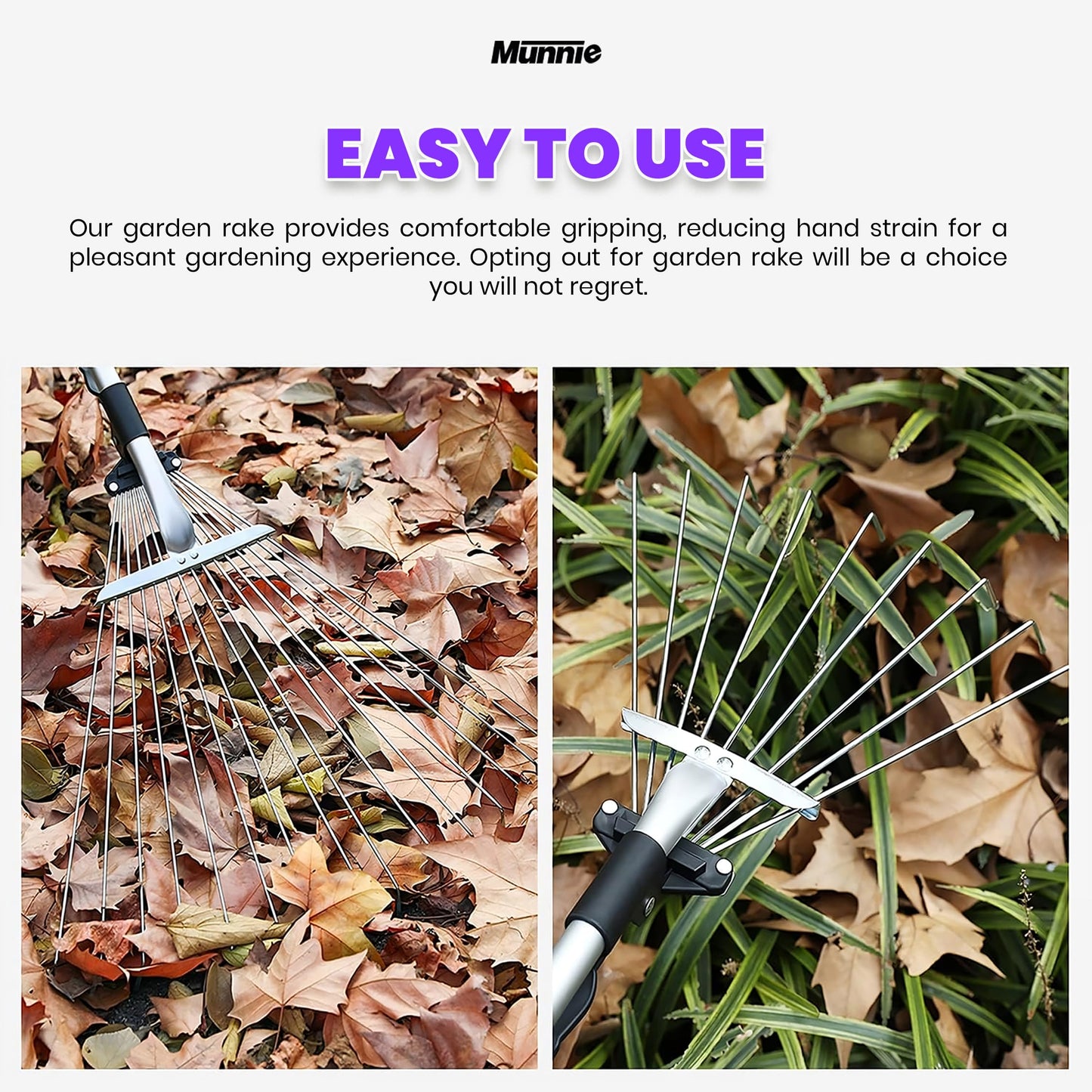 - Munnie 38-63 inch Garden Rake | Adjustable Soil Rake with 25 tines | Moss Rake for Quick Clean Up -