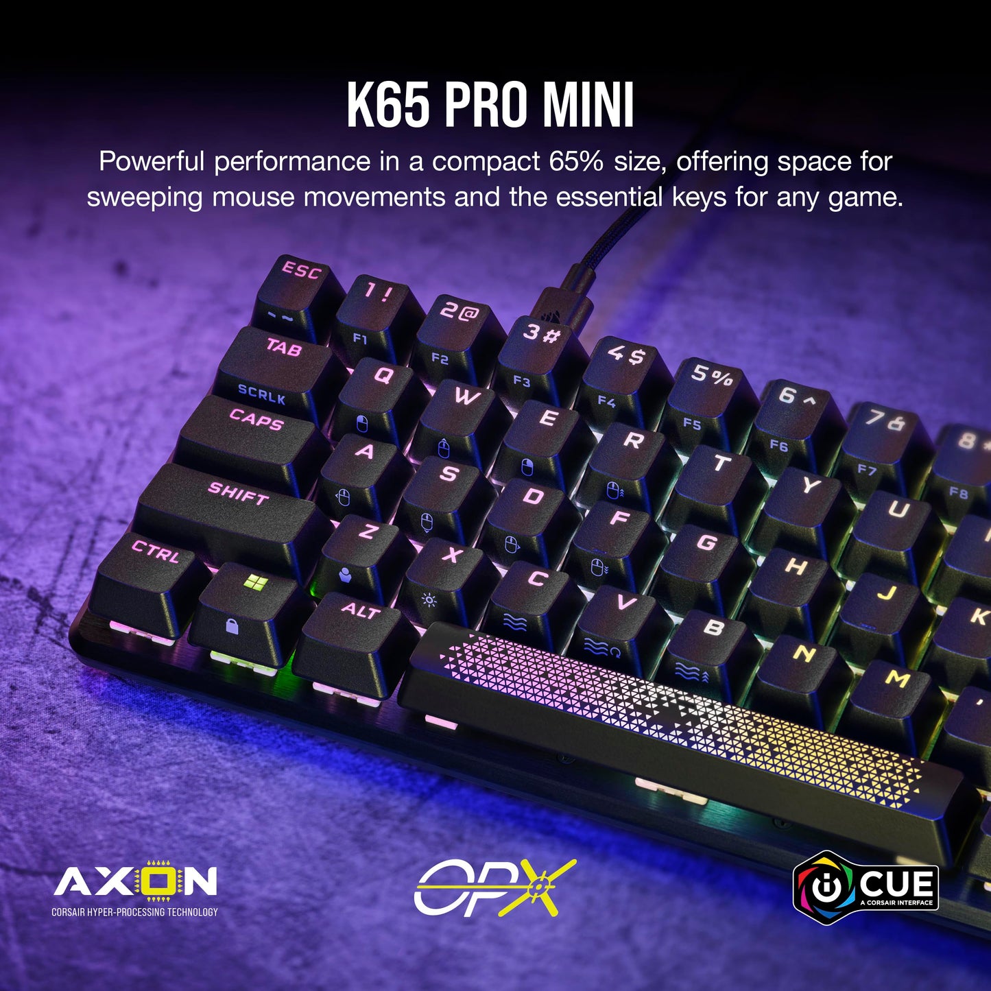 CORSAIR K65 PRO MINI RGB 65% Optical-Mechanical Wired Gaming Keyboard – OPX Linear Switches – PBT Double-Shot Keycaps – iCUE Compatible – PC, PS5, PS4, Xbox – QWERTY UK – Black