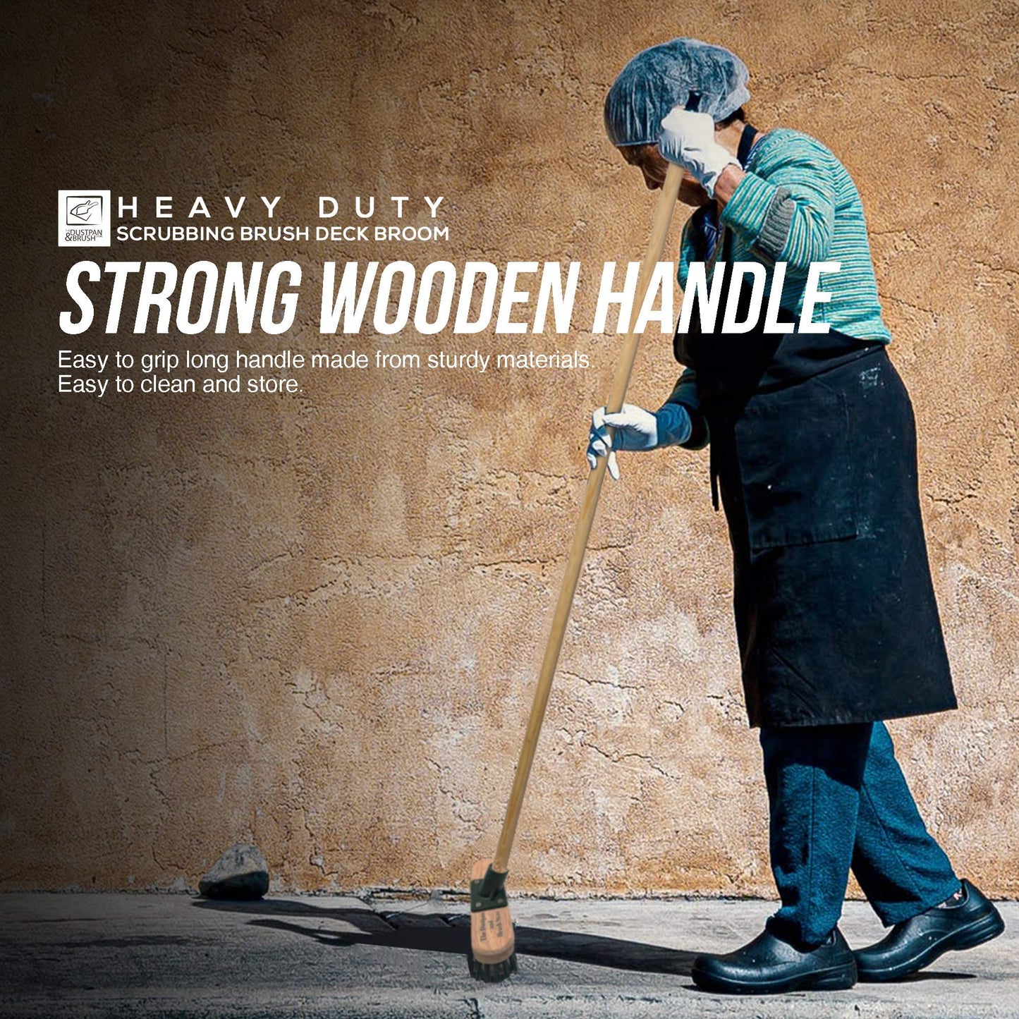 9" Stiff Heavy Duty Long Handled Scrubbing Brush Deck Broom with Wooden Handle PVC Bristles