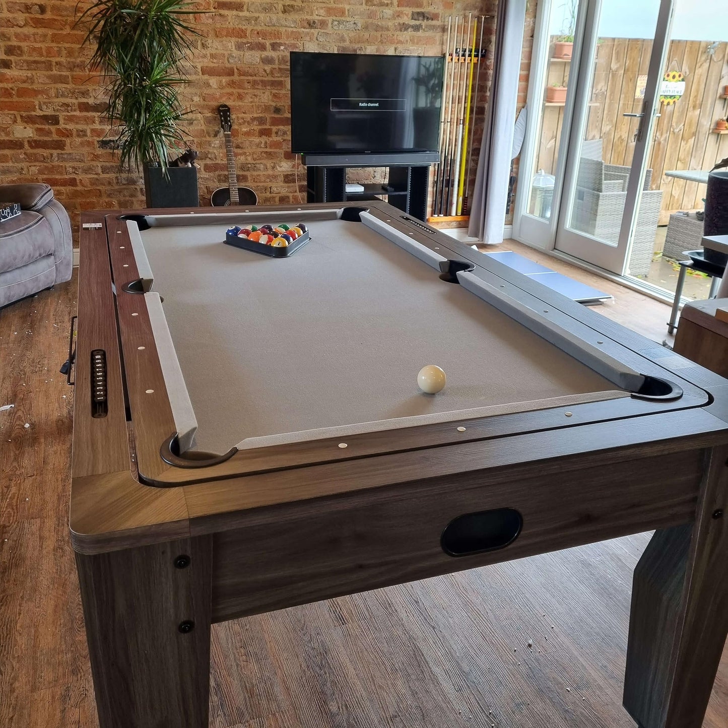 7ft Pool Table Driftwood Dining Table & 3 in 1 Pool Snooker Table Tennis Air Hockey Games Table With All Accessories, Great for Kids and Adults