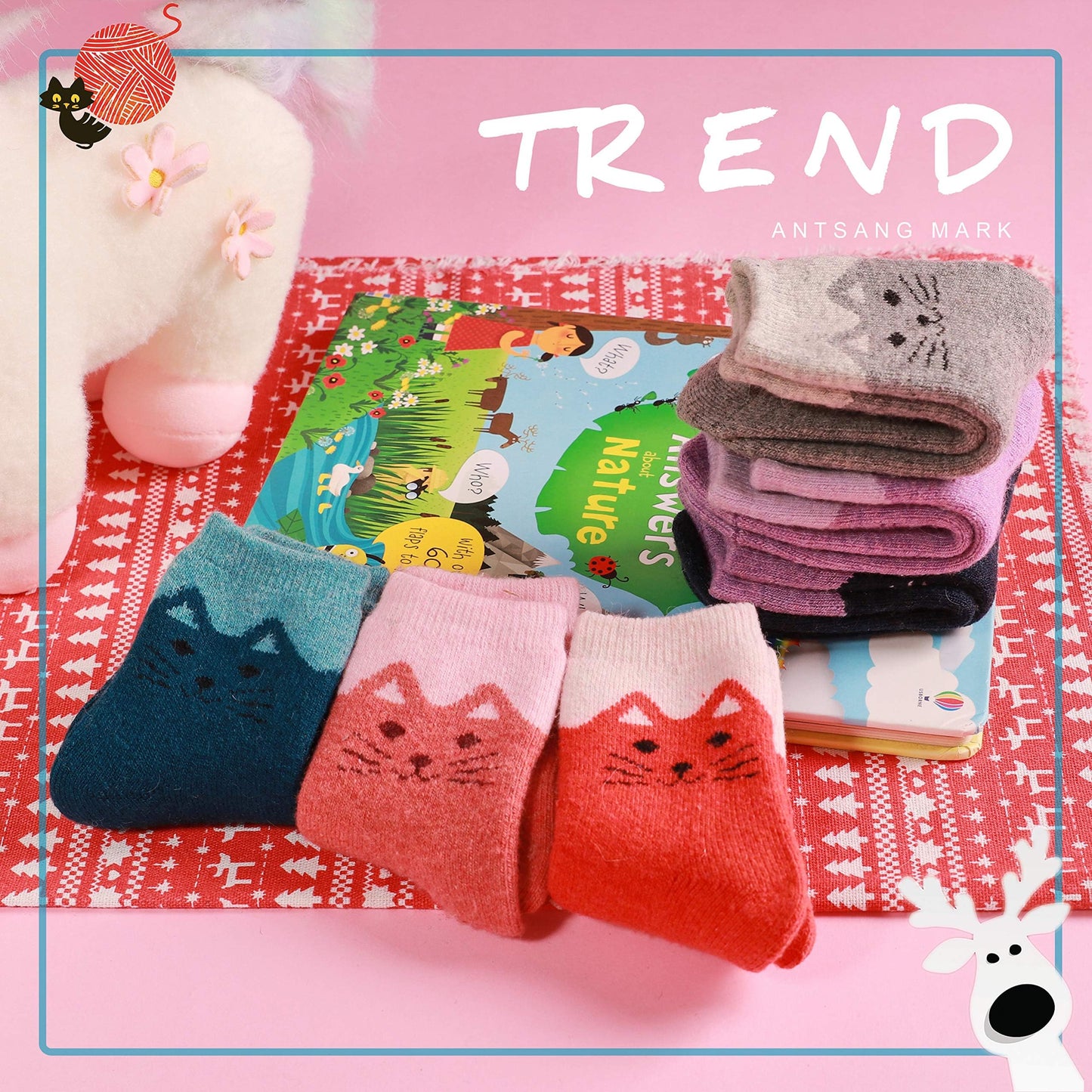 ANTSANG Kids Merino Wool Walking Socks for Toddlers Boys Girls Winter Hiking Thick Warm Heavy Thermal Cosy Crew Boot Cabin Gift Socks 6 Pairs(Little Cat,4-7 Y)