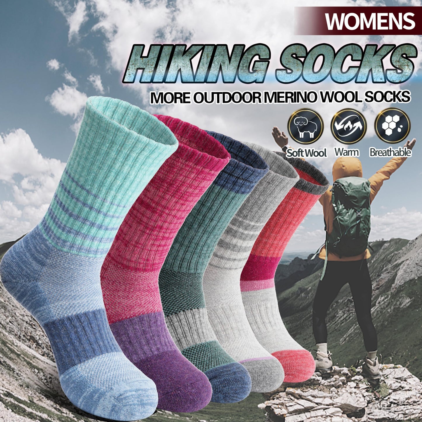 Anlisim Merino Wool Hiking Walking Thermal Socks for Women Winter Warm Boot Work Cushion Crew Socks 5 Pairs Gift Stocking Fillers(Assorted Stripes,M)