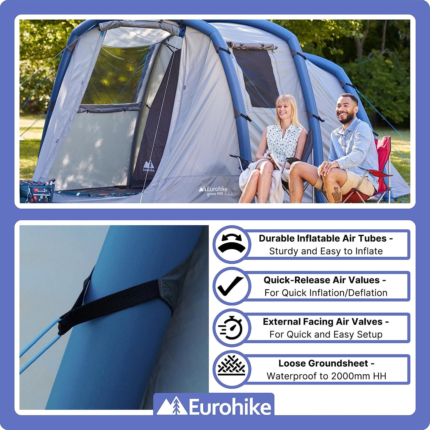 - Eurohike Genus 400 Inflatable 4 Person Air Tent | Separate Bedroom | Living Area | Porch -