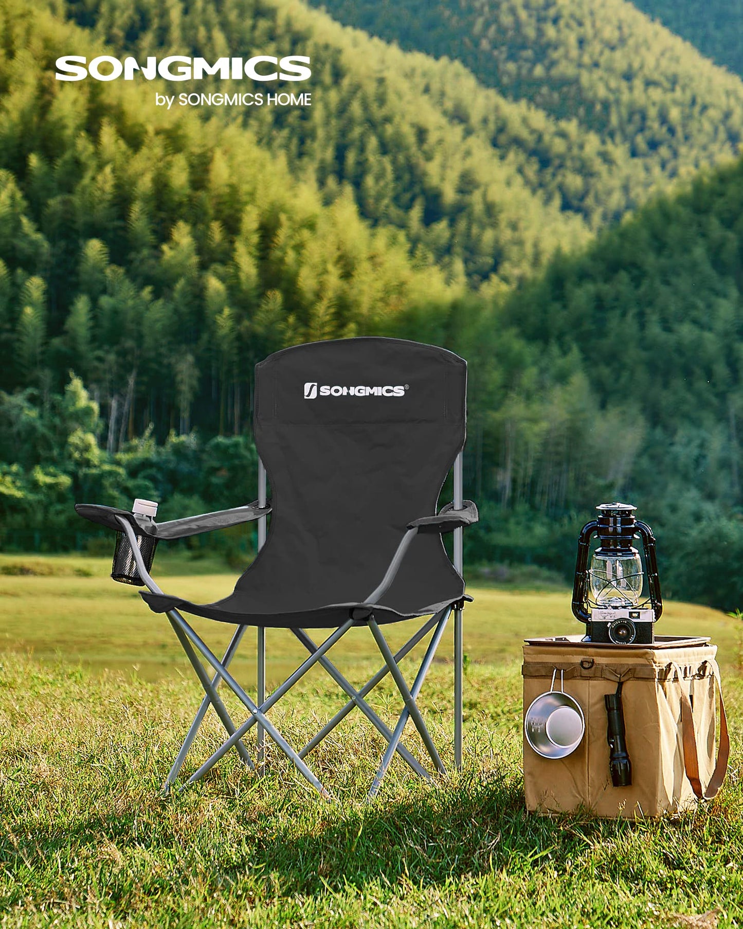 - SONGMICS Set of 2 Folding Camping Chairs | Cup Holder | Heavy Duty Structure | Max. Load Capacity 150 kg | Black -