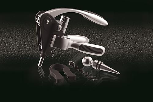 BarCraft Lever Corkscrew and Wine Bottle Opener, Comes with Bottle Stopper, Foil Cutter and Spare Non-stick Worm, 1 Kit with Presentation Box, Metal Shimmer