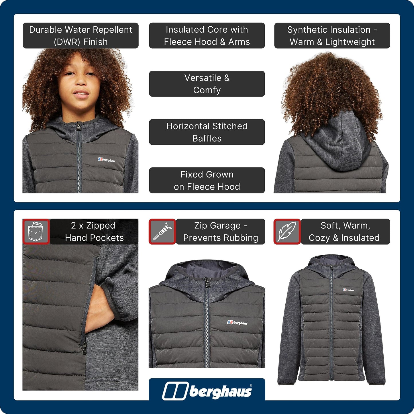 Berghaus Kids' Water Repellent and Insulated Hybrid Jacket, Kids' Fleece Jacket, Kids' Hiking & Outdoor Recreation Clothing (11-12 Years, Grey)