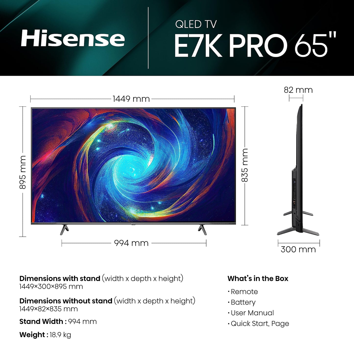 - Hisense 65 Inch QLED Gaming TV 65E7KQTUK PRO | 144Hz VRR | HDMI 2.1 | Freesync Premium | Quantum Dot Colour | VIDAA U7 | Youtube | Freeview Play | Netflix | Disney+ -