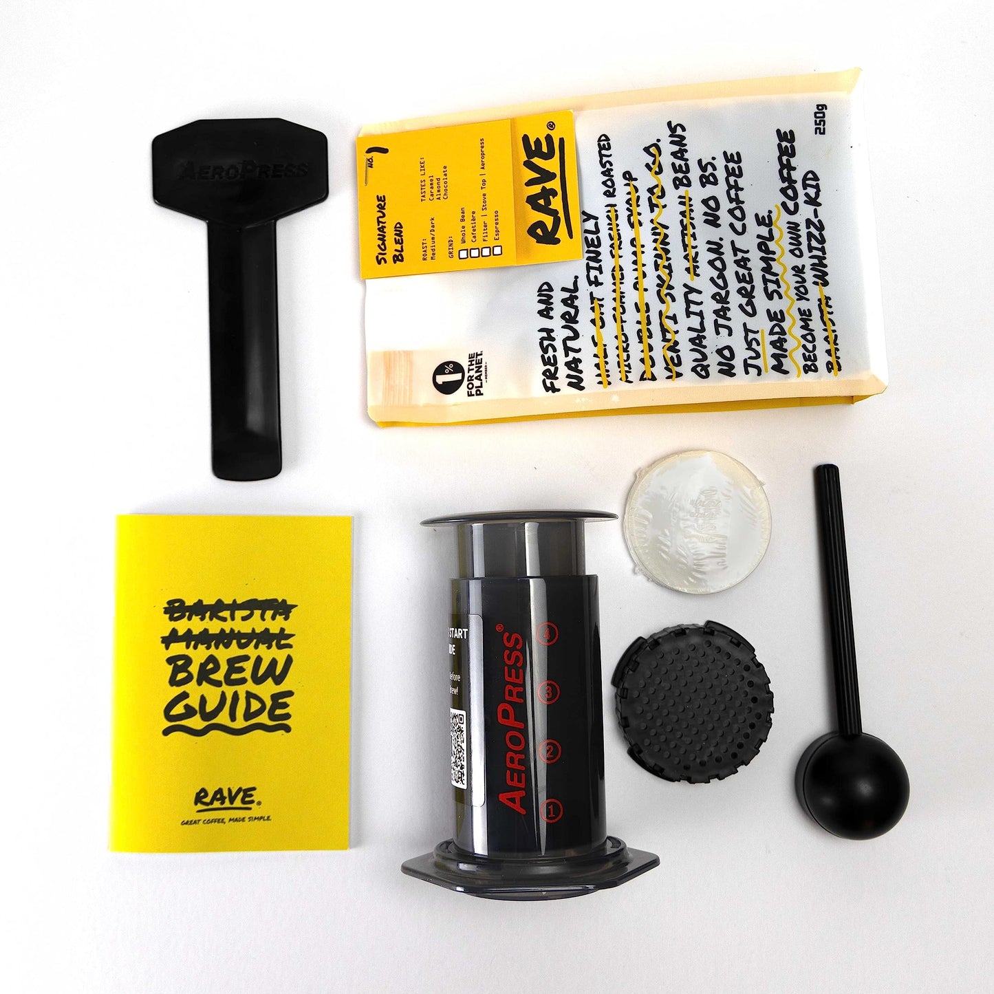 - Rave Coffee AeroPress Gift Set | AeroPress Coffee Maker, Delicious 250g Rave Signature Blend Ground Coffee & Brewing Guide -