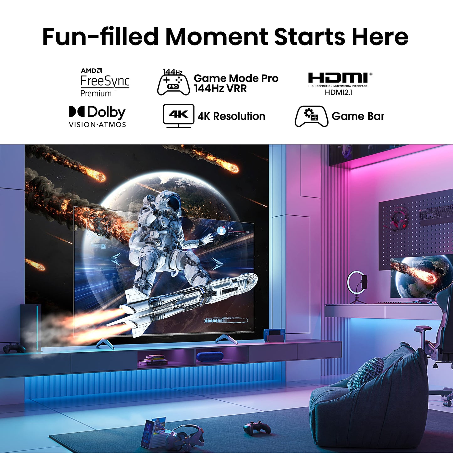 - Hisense 65 Inch QLED Gaming TV 65E7KQTUK PRO | 144Hz VRR | HDMI 2.1 | Freesync Premium | Quantum Dot Colour | VIDAA U7 | Youtube | Freeview Play | Netflix | Disney+ -