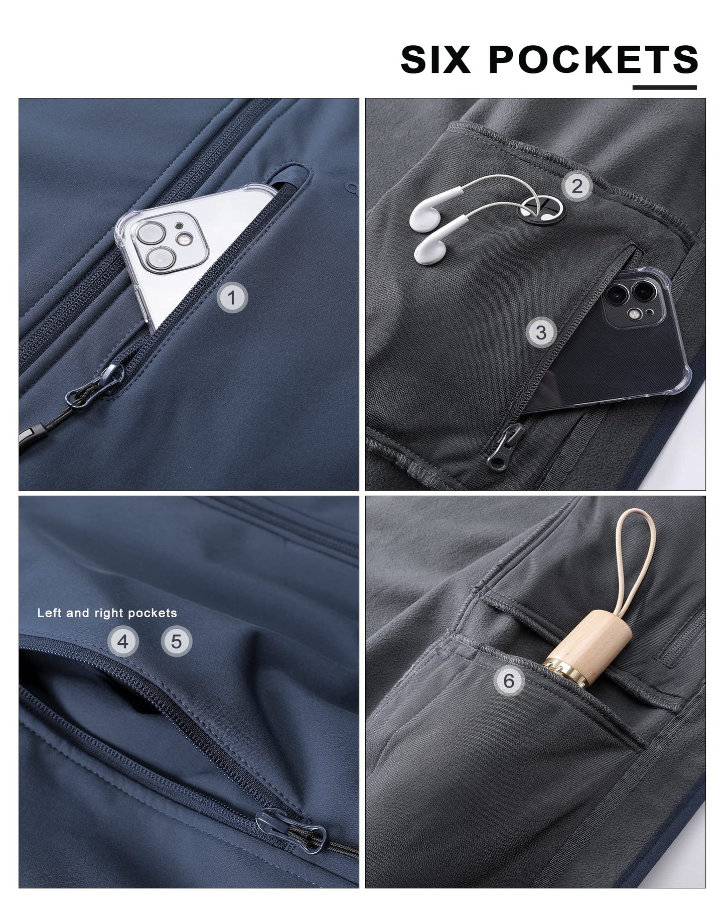 33,000ft Men's Waterproof Jackets Fleece Lining Softshell Jacket - Multi Pockets Outdoor Windproof Coat With Detachable Hood Navy blue S