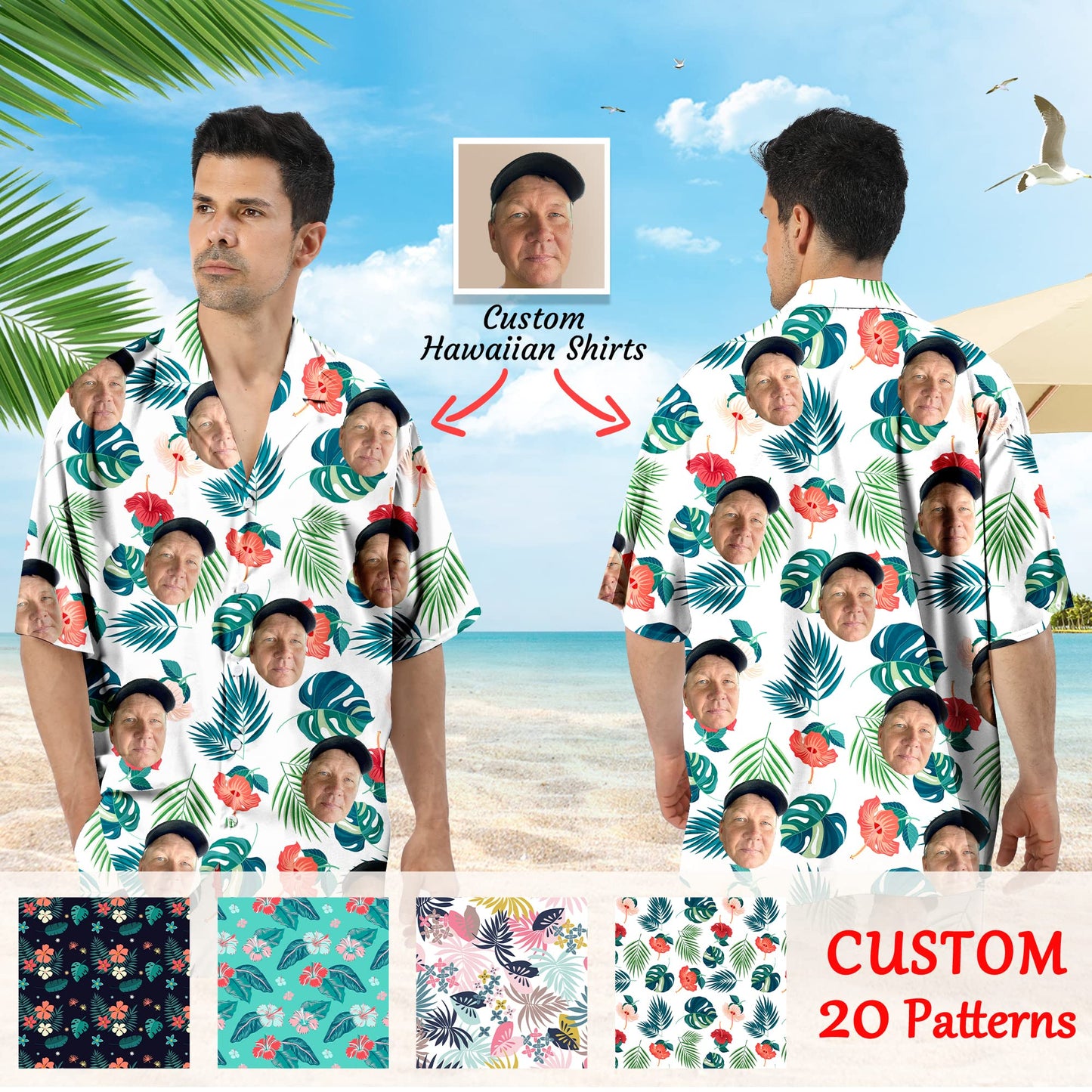 - KEMEILA Custom Face Summer Hawaiian Shirt | Personalized Photo Flower Print T-Shirts -