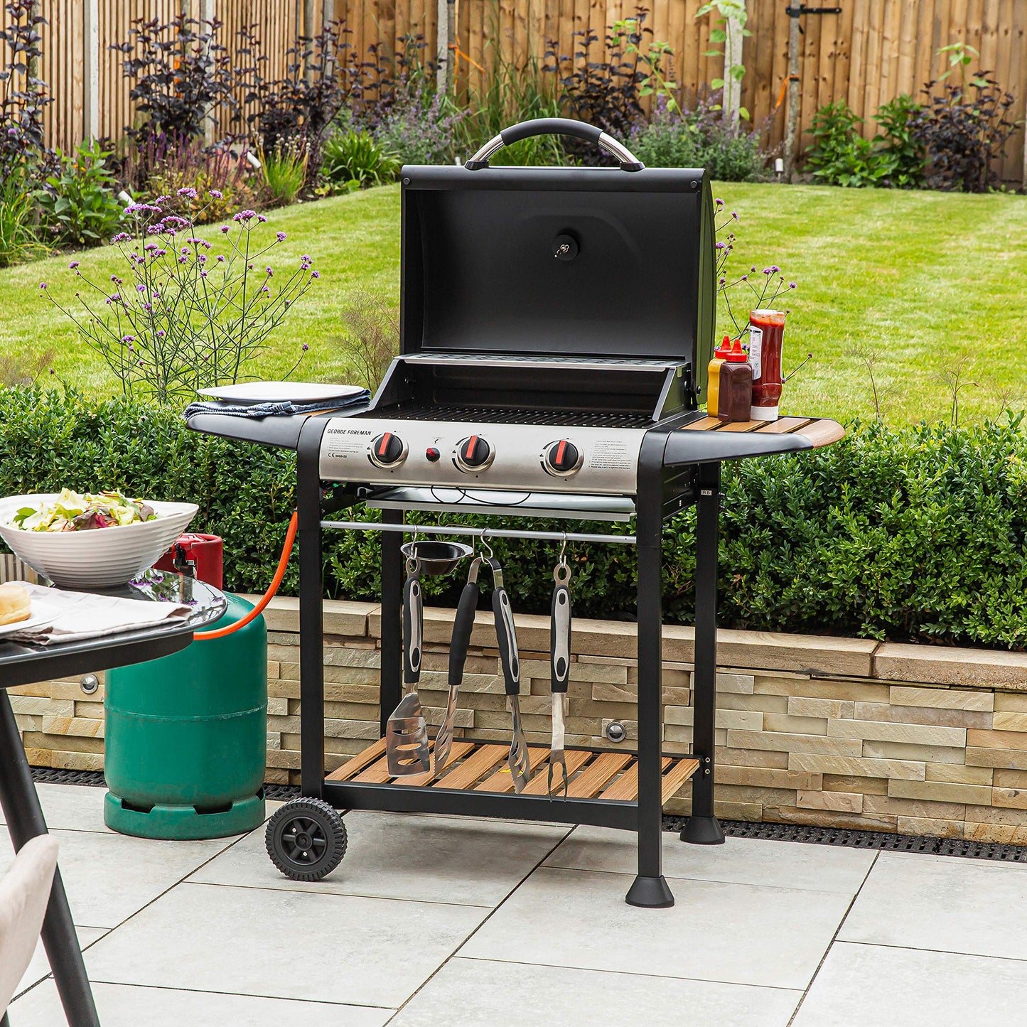 - George Foreman 3 Burner Gas BBQ | Automatic Ignition & Integrated Thermometer -