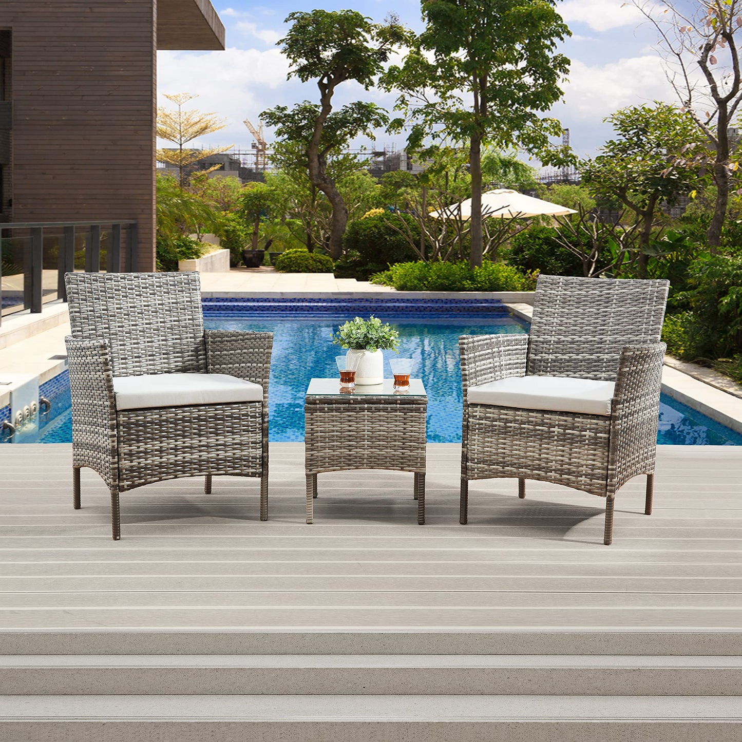 - TMEE Rattan Garden Outdoor Furniture Set Gray | 3 Pieces Patio Conversation Sets -