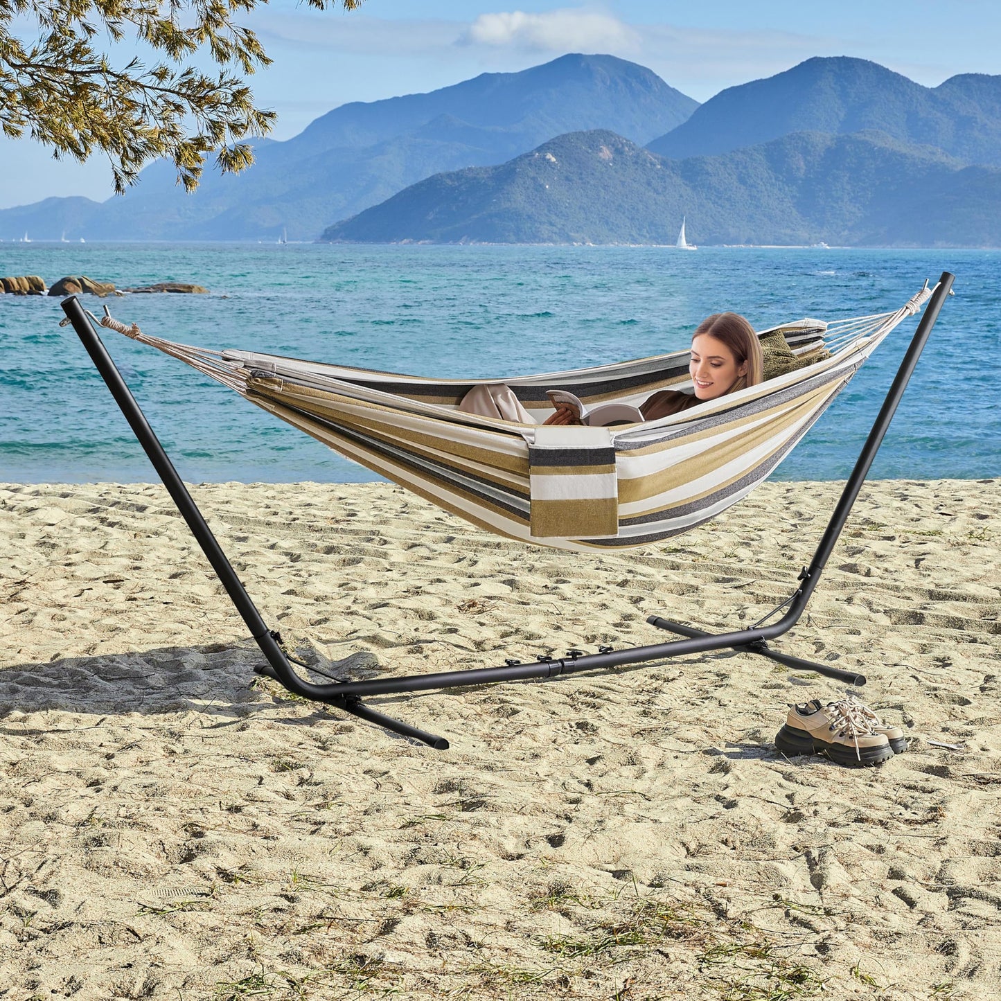 - Yaheetech Hammock with Stand Set, 2-seater Cotton Hammock with Adjustable Metal Frame.