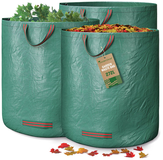- GardenGloss® Garden Waste Bags Heavy Duty with Handles (3pcs) | 272L High Capacity Garden Bag | UV Stable and Water Repellent | Reusable -
