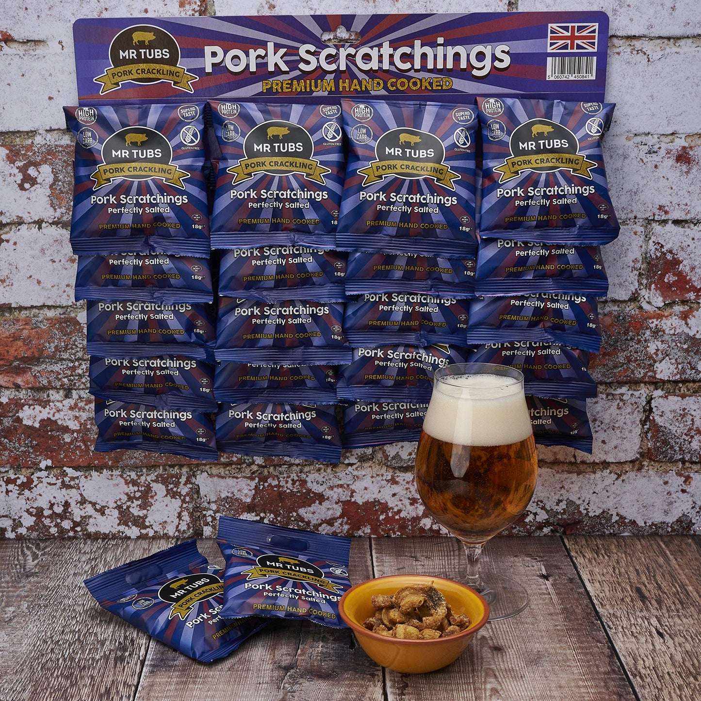 - Mr Tubs Premium Pork Scratchings | Gluten Free | Perfectly Salted | 20 x 18g Bags -