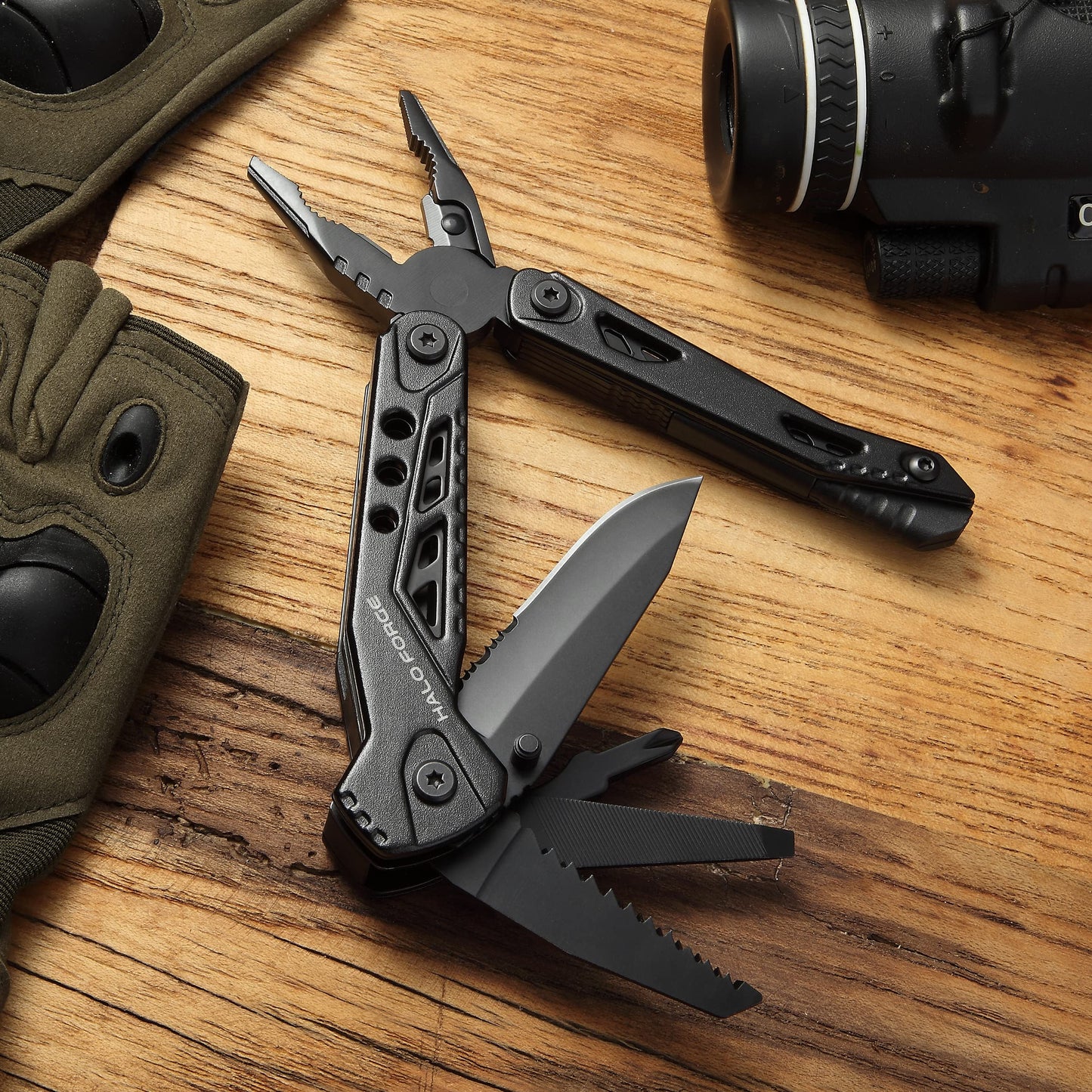 - HALO FORGE 13 in 1 Camping Multi Tool | Premium Stainless Steel Folding Gadgets | Survival Fishing EDC Pocket Small Utility Kit -