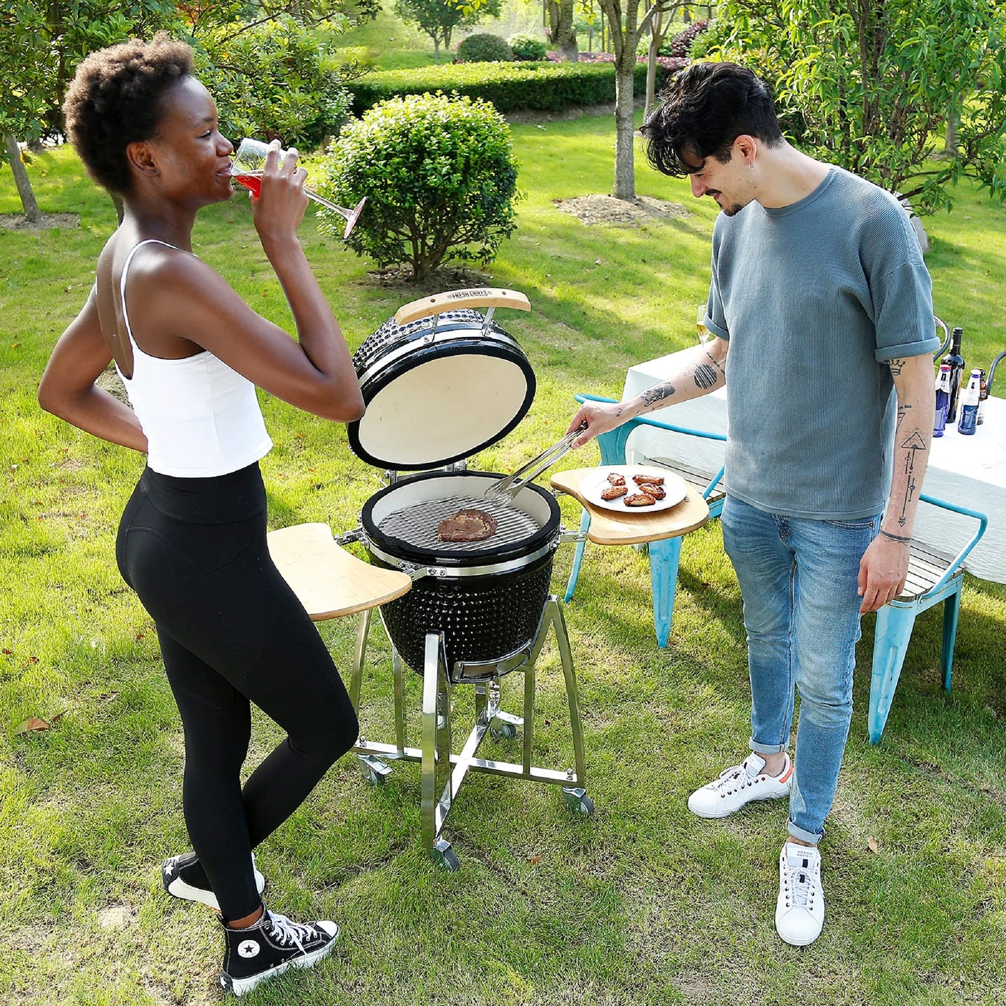 - Fresh Grills Ceramic BBQ Grill | Mini Kamado BBQ Oven | Barbecue Grill and Charcoal Smoker with Stand -