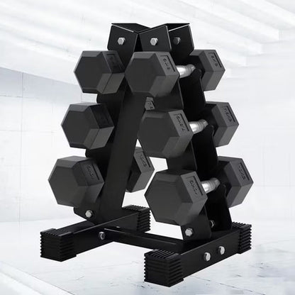 Hex Dumbbell Set with 3-Tier Tree Rack & Optional Bench – Rubber Coated Anti-Roll Weights for Home Gym