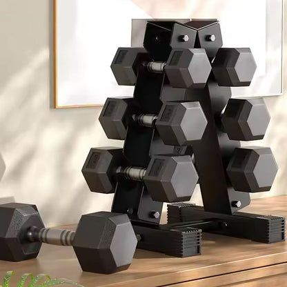 Hex Dumbbell Set with 3-Tier Tree Rack & Optional Bench – Rubber Coated Anti-Roll Weights for Home Gym