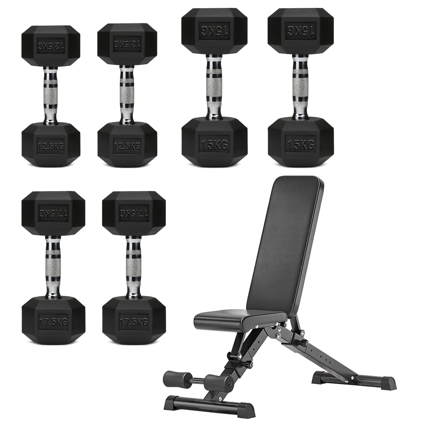 Hex Dumbbell Set with 3-Tier Tree Rack & Optional Bench – Rubber Coated Anti-Roll Weights for Home Gym