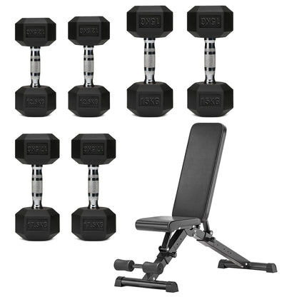 Hex Dumbbell Set with 3-Tier Tree Rack & Optional Bench – Rubber Coated Anti-Roll Weights for Home Gym
